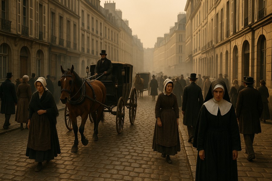 Cidade Paris em 1830: pessoas e carruagem passando pelas ruas. Se vê pessoas comum e uma freira usando hábito em destaque 