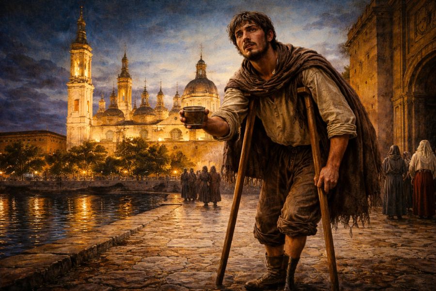 Milagre de Calanda: Miguel Mendigo em frente a Basílica Nossa Senhora do Pilar