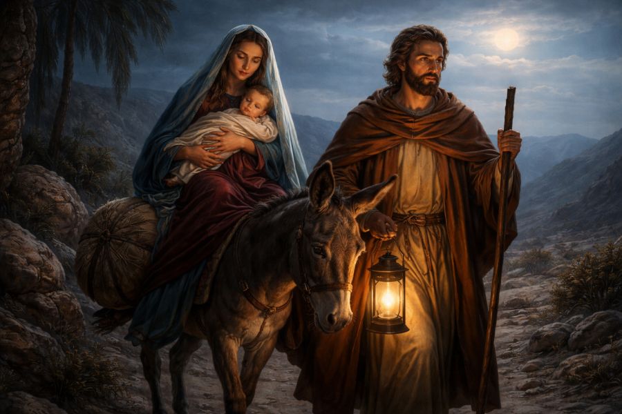 São José, Maria e Jesus na fuga para o Egito